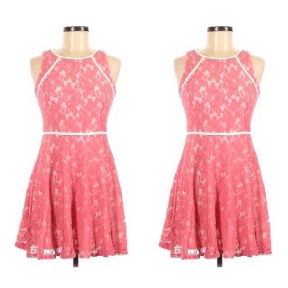 Lush pink lace fit & flare dress w/ white piping S
